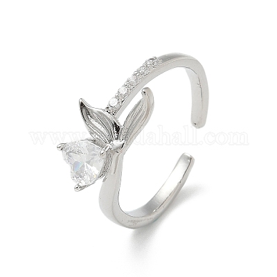 Манжеты-кольца из прозрачного кубического циркония в форме рыбьего хвоста с сердцем RJEW-G337-04P-1