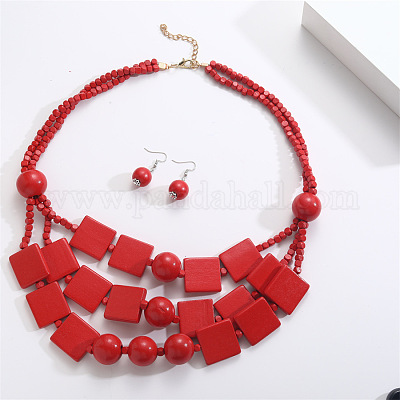 Комплекты из многослойных ожерелий и серег-подвесок из квадратных и круглых бусин из дерева в богемном стиле FS-WG2F343-03-1