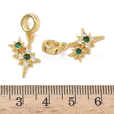 Европейские подвески-шармы с двумя звездами из латуни с микропаве из зеленого и прозрачного кубического циркония KK-L257-27G-1