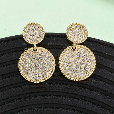 Латунные плоские круглые серьги-гвоздики с микропаве из кубических цирконий EJEW-B153-06G-1