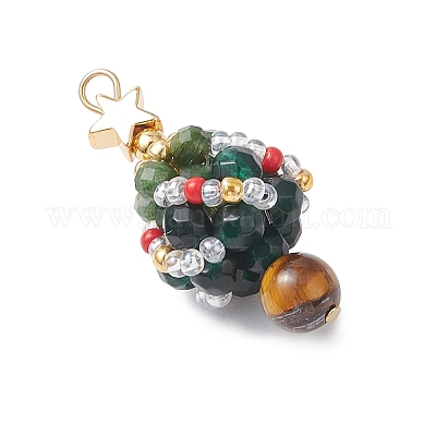 Подвески в виде елки из натурального оникса круглой формы (окрашенного и нагретого) и фуксита и стеклянных бусин PALLOY-MZ00806-1