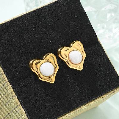 Серьги-гвоздики в форме сердца из натурального белого нефрита и ионного покрытия (IP) из нержавеющей стали 304 EJEW-A118-04G-04-1