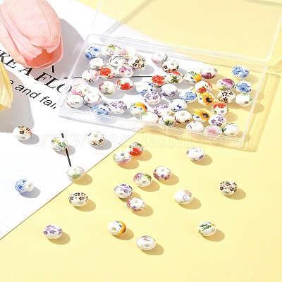 64шт 8 цвета фарфоровые бусины ручной работы с цветочным принтом PORC-FS0001-06-1