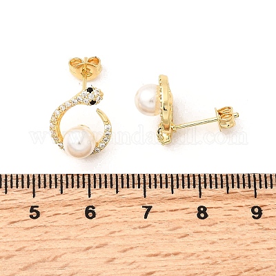 Серьги-гвоздики в форме змеи с круглыми латунными микропаве из прозрачных кубических цирконий EJEW-C154-10G-1