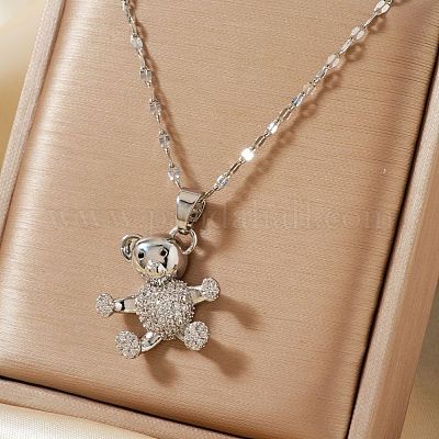 Ожерелья с подвеской из латунных блестящих прозрачных кубических цирконий с рисунком медведя для женщин EB4011-1-1