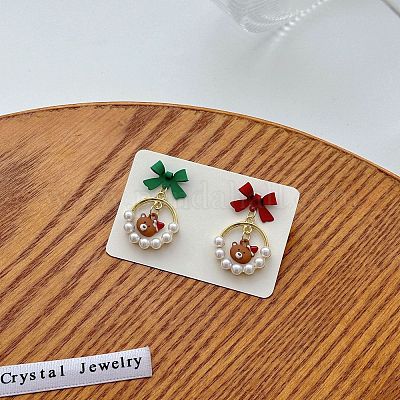 Серьги-гвоздики с подвесками из цинкового сплава с имитацией жемчуга в виде банта и медведя FS-WGAB1D1-01-1