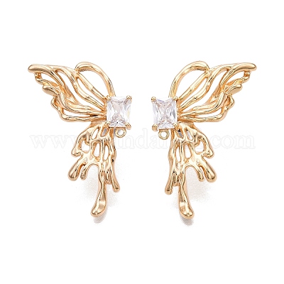 Фурнитура для серег-гвоздиков в форме бабочки из латуни с паве из прозрачного кубического циркония KK-N232-450G-1