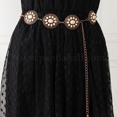 Богемская латунь паве синтетическая бирюза плоская круглая с цветочным звеном сплав цепи ремни для женщин FS-WG72103-02-1