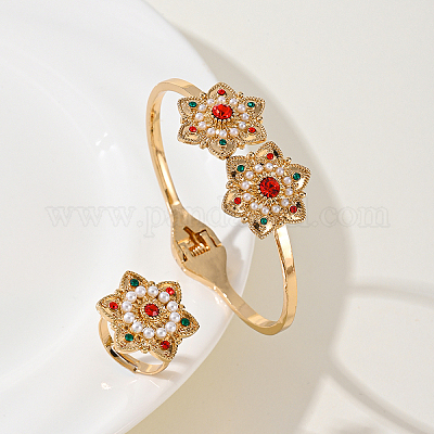 Комплекты из цветочных браслетов и колец из латуни с цветочными стразами для женщин BS9812-1