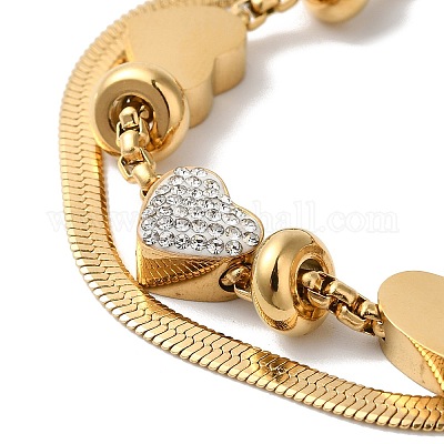 Многорядные браслеты из нержавеющей стали с кристаллами и стразами в форме сердца для женщин BJEW-G719-09G-1