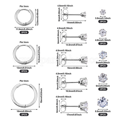 16 шт. 8 стильных серьги-гвоздики с прозрачным кубическим цирконием и серьги-кольца из нержавеющей стали DIY-TA0004-54-1