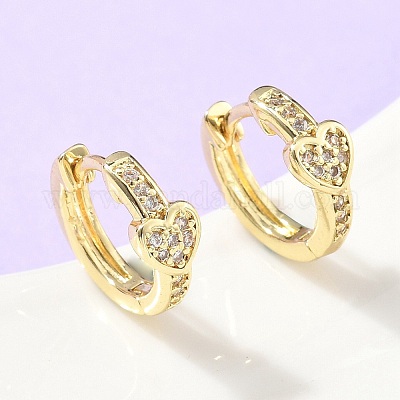 Серьги-кольца из латуни с микропаве и прозрачным кубическим цирконием в форме сердца EJEW-Z102-31G-1