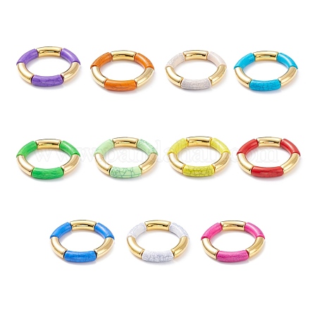 11Pcs 11 Color Imitation Gemstone Acrylic & CCB Plastic Curved Tube Chunky Stretch Bracelets Set for Women BJEW-JB08137-1