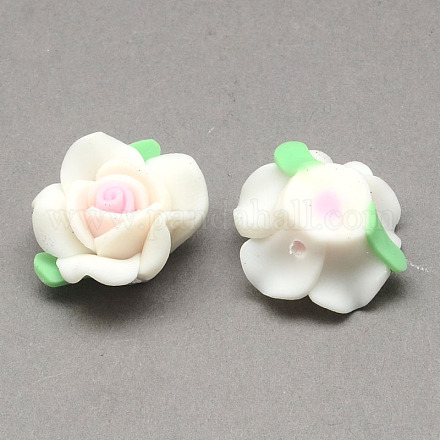 Handmade Polymer Clay 3D Flower with Leaf Beads CLAY-Q202-15mm-01-1