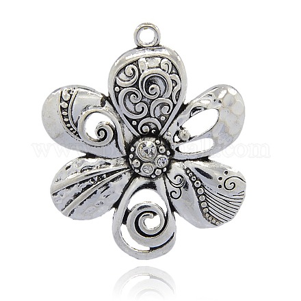Antique Silver Alloy Rhinestone Large Flower Pendants for Necklace Making ALRI-O008-06-1