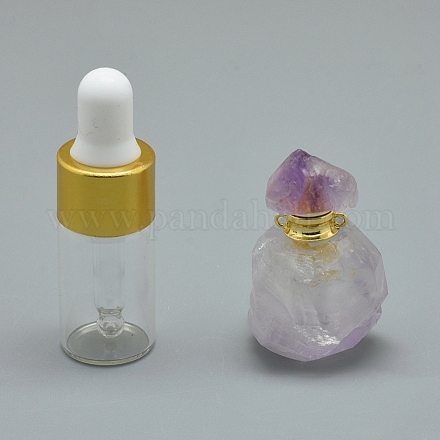 天然アメジスト開閉式香水瓶ペンダント  真鍮のパーツとガラスのエッセンシャルオイルのボトル  36~39x21~25x15~19mm  穴：1.2mm  ガラス瓶容量：3ml（0.101液量オンス）  宝石の容量：1ml（0.03液量オンス） G-E556-19A-1