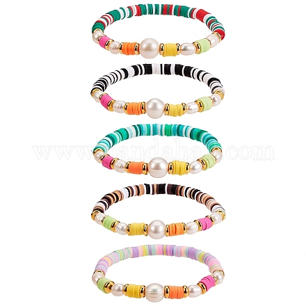 5Pcs 5 Colors Polymer Clay Heishi Beaded Stretch Bracelets Sets BJEW-SZ0001-55-1