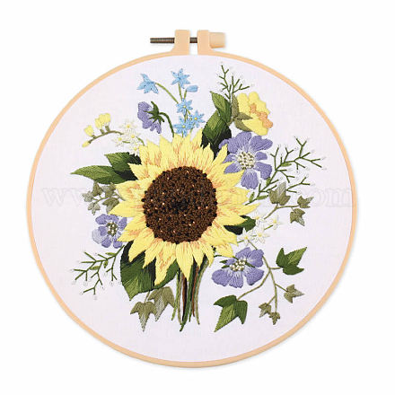 DIYの花と葉の模様の刺繍キット  プリントコットン生地を含む  刺繍糸と針  模造竹刺繍フープ  ホワイト  20x20cm SENE-PW0005-004D-1