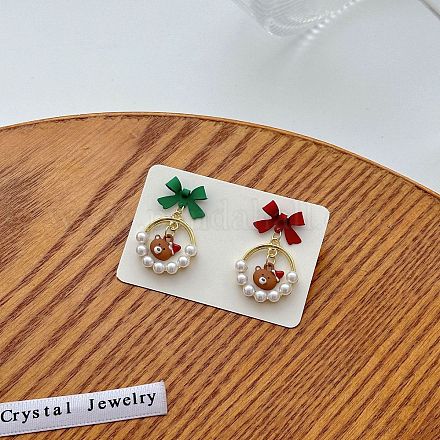 Серьги-гвоздики с подвесками из цинкового сплава с имитацией жемчуга в виде банта и медведя FS-WGAB1D1-01-1