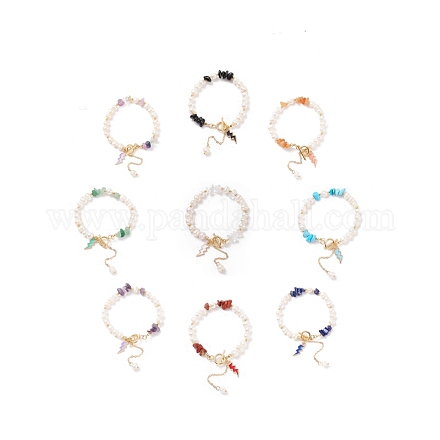 Chips de pierre mélangées naturelles et bracelet de perles avec breloques de boulon d'éclairage en émail BJEW-JB08332-M-1