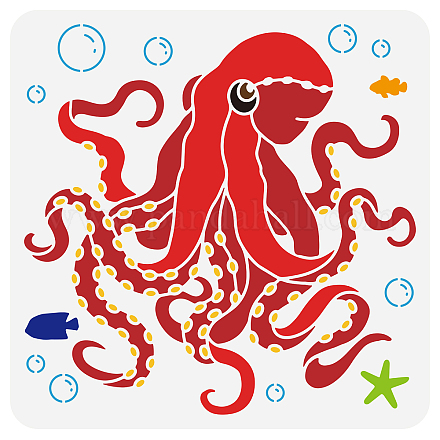 FINGERINSPIRE Octopus Pattern Stencil for Painting 11.8x11.8 inch Reusable Sea Creatures Craft Stencil Hollow Out Ocean Starfish Sea Fish Bubbles Stencil Template for Wall DIY-WH0391-0147-1