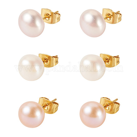 6 шт. серьги-гвоздики из натурального культивированного пресноводного жемчуга 3 цветов EJEW-TAC00027-1