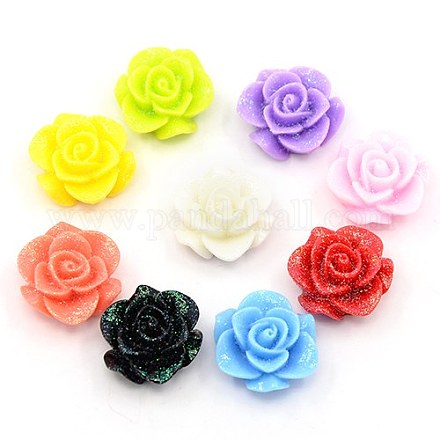 Glitter Style Resin Rose Flower Flatback Beads X-RESI-I023-02-1