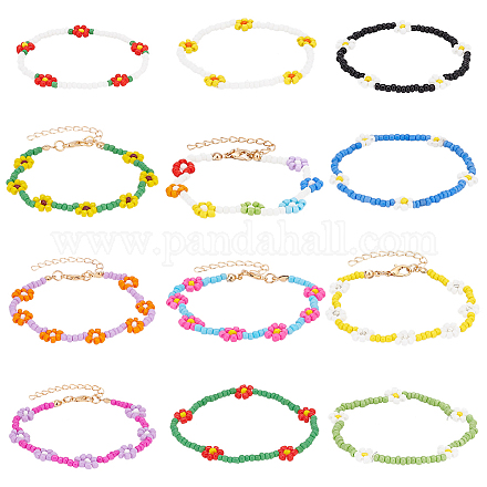 Anattasoul 12pcs 12 style ensemble de bracelets extensibles de fleurs tressées en graines de verre BJEW-AN0001-14-1
