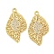 Brass Micro Pave Clear Cubic Zirconia Pendantsn, Leaf Charms, Real 18K Gold Plated, 24x13x1.5mm, Hole: 1mm