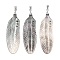 Natural Black Lip Shell Carved Pendants, Feather Charms with Brass Bails, Platinum, Rack Plating, 50x16.5x2.5~3.5mm, Hole: 4.5x4mm