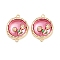 Brass Enamel & Natural Pearl Flat Round with Flower Connector Charms, Cadmium Free & Nickel Free & Lead Free, Real 18K Gold Plated, Hot Pink, 23x17.5x8mm, Hole: 1.4mm