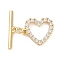 Brass Micro Pave Clear Cubic Zirconia Toggle Clasps, Heart, Real 18K Gold Plated, Heart: 12x14x2mm, Hole: 1.2mm, Bar: 17.5x4x1.5mm, Hole: 1.5mm