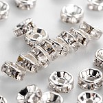 Abalorios de latón Diamante de imitación espaciador, Grado B, Claro, color plateado, tamaño: aproximamente 5 mm de diámetro, 2.5 mm de espesor, agujero: 1 mm