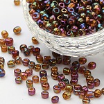 6/0 transparentes couleurs de l'arc perles de graines de verre rond, verge d'or noir, taille: environ 4mm de diamètre, Trou: 1.5 mm, environ 495 pcs/50 g