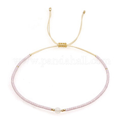 Pulseras trenzadas de cuentas de vidrio ajustables para mujer, con perlas naturales de agua dulce y latón, nieve, 11.02 pulgada (28 cm)