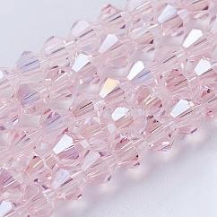 Abalorios de vidrio, color de ab chapado, facetados, bicono, rosa brumosa, 4x4mm, agujero: 0.8~1 mm, aproximamente 75~78 pcs / cadena, 28~29 cm
