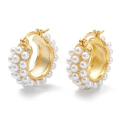 Orecchini a cerchio in ottone, con materiale acrilico perla imitazione, anello, bianco, vero placcato oro 18k, 21.5x21x8.5mm, ago :0.7mm