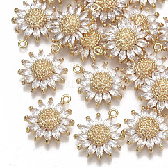 Pendentifs avec zircon cubiques à micro-pavés en laiton, sans nickel, marguerite, clair, véritable 18k plaqué or, 21x17x5.5mm, Trou: 1.6mm