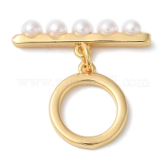 Fermoirs à bascule en laiton avec perles d'imitation abs, Sans cadmium & sans nickel & sans plomb, véritable 18k plaqué or, bar: 6.5x22.5x3.5 mm, Trou: 1.2mm, anneau: 14.5x12.5x1.5 mm, Trou: 1.2mm