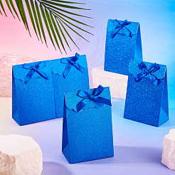 長方形のグリッター紙ギフトバッグ  誕生日用のリボンちょう結び装飾キャンディートート  結婚式  ブルー  7.9x4.6x11.8cm&nbsp;CARB-TAC0002-05C