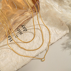 Европейская 304 нержавеющая сталь прозрачный кубический цирконий плоский круглый кулон 3 слой ожерелья для женщин OW9189