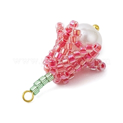シードビーズ ビーズチャーム  ガラスパールビーズ付き  スズランのペンダント  カメリア  26.5x15x15mm  穴：1.6mm&nbsp;PALLOY-MZ00363-01