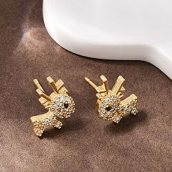 Серьги-гвоздики в форме оленя из латуни с микропаве из прозрачных кубических цирконий&nbsp;EJEW-F400-27A-G