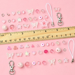 ガラスとアクリルビーズを使った携帯ストラップのDIYキット  ピンク  2.5~21.5x0.8~22x0.8~8mm  穴：0.8~4mm&nbsp;DIY-FS0007-86