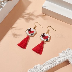 Плетеные шестиугольные серьги с подвесками из стеклянных косточек EJEW-MZ00052-01