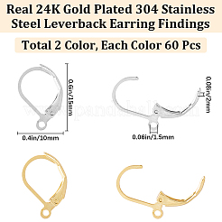 2色 304ステンレススチール フレンチフックピアス金具  カン付き  24KGP本金メッキ＆ステンレススチールカラー  15x10x2mm  穴：1.5mm  60個/カラー  120個/箱&nbsp;STAS-SP0001-08A