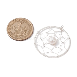 天然養殖淡水パールペンダント  フラットラウンドい真鍮のウェブ/ネットチャーム  銀  40x35.5x6mm  穴：2mm&nbsp;PALLOY-JF02653-01