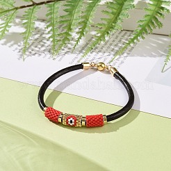 女性のための牛革コード付きナザールボンジュウビーズのブレスレットと日本の種子の列  レッド  7-5/8インチ（19.5cm）&nbsp;BJEW-JB09078-02