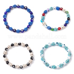 4 Stück 4 Farben Halloween gefärbter synthetischer türkisfarbener Totenkopf & Bunte Malerei Böse Augen runde Perlen Stretch-Armband-Sets für Frauen und Männer&nbsp;BJEW-JB12268