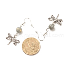 Jade mashan naturel rond avec boucles d'oreilles pendantes libellule en alliage&nbsp;EJEW-JE04855-02